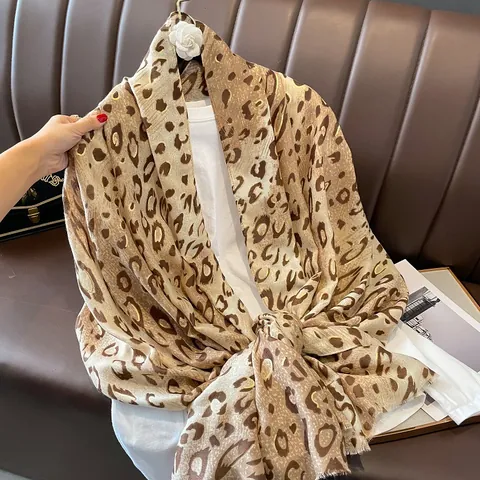 Women Leopard Print Scarf With Gold Stamping Vintage Long Shawl Frayed Edge Polyester Blend Wrap Winter Warm Neck Scarf