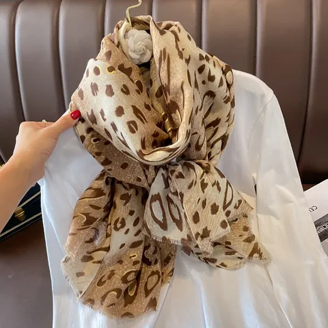 Women Leopard Print Scarf With Gold Stamping Vintage Long Shawl Frayed Edge Polyester Blend Wrap Winter Warm Neck Scarf