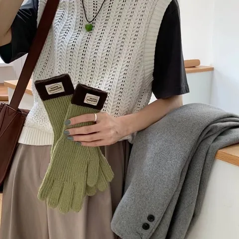 Women Winter Warm Knitted Acrylic Gloves Contrast Color Ribbed Cuff Thermal Touchscreen Full Finger Outdoor Accessories