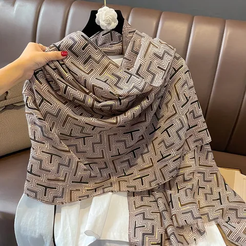 Bufanda de Mujer Vintage con Patrón de Laberinto Geométrico Lujo Dorado Suave Cálido Chal Borla Envoltura Grande Elegante Otoño Invierno