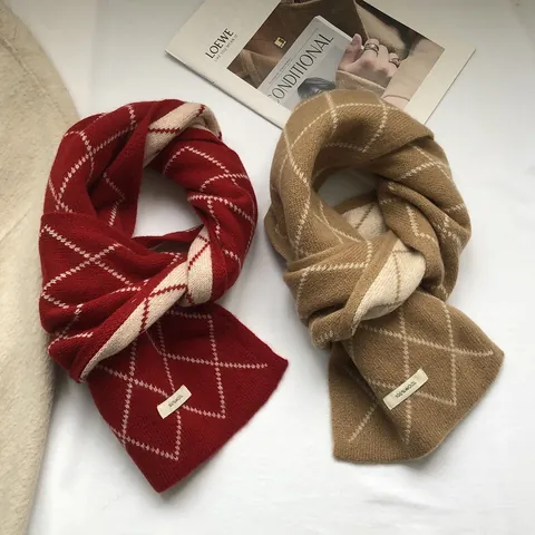 Women Men Winter Warm Knit Scarf Classic Diamond Grid Pattern Wool Blend Neck Warmer Soft Mid Length Fashion Shawl Wrap