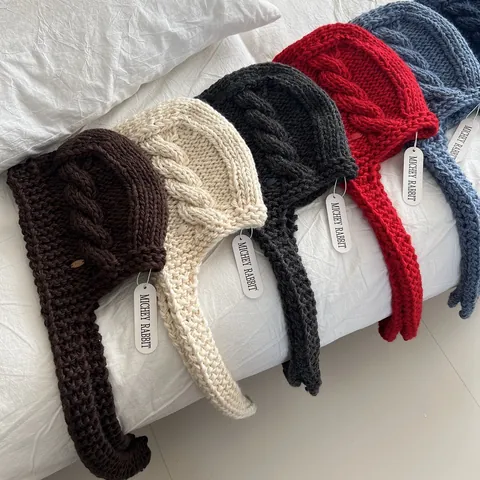 Women Chunky Cable Knit Balaclava Hat Thickened Winter Warm Hooded Scarf Integrated Ear Protection Cap For Outdoor Daily