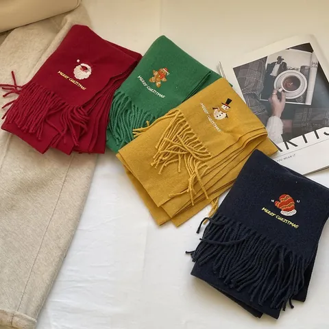 Women Winter Warm Knitted Christmas Scarf With Tassel Merry Christmas Embroidery Santa Snowman Soft Polyester Scarf Gift