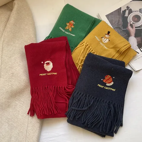 Women Winter Warm Knitted Christmas Scarf With Tassel Merry Christmas Embroidery Santa Snowman Soft Polyester Scarf Gift