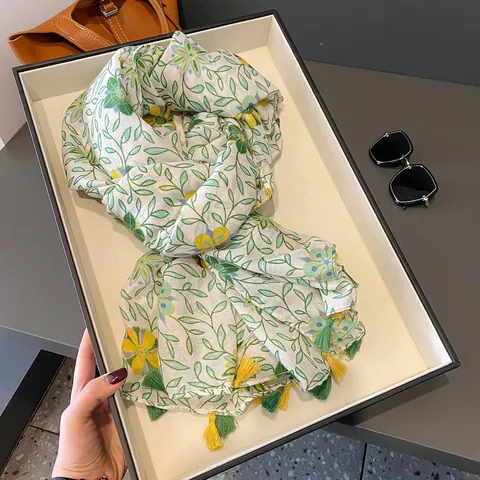 Bufanda de Mezcla de Algodón y Lino para Mujer Estampado Floral Chal Largo con Borlas para Playa Protección Solar Accesorios