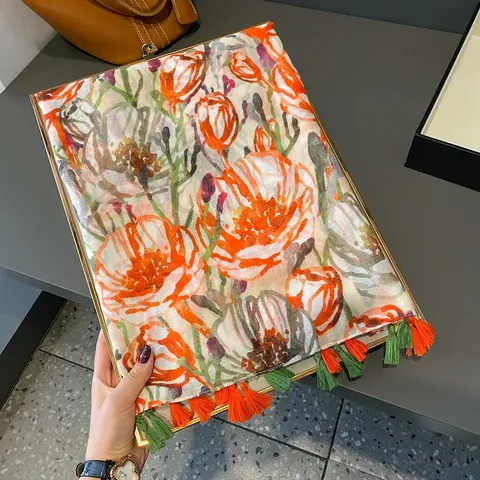 Écharpe Élégante Imprimé Floral Tulipe Pour Femmes Châle Léger Doux Avec Glands Sensation Coton Lin Artistique Polyester