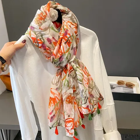 Écharpe Élégante Imprimé Floral Tulipe Pour Femmes Châle Léger Doux Avec Glands Sensation Coton Lin Artistique Polyester