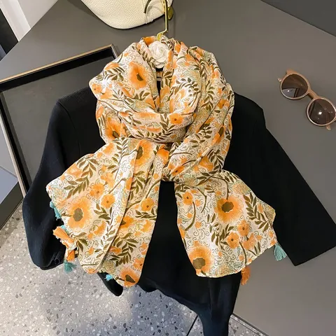 Bufanda Con Estampado Floral Para Mujer Con Borlas Chal Ligero De Verano Protección Solar Estilo Bohemio Elegante Bufanda Floral