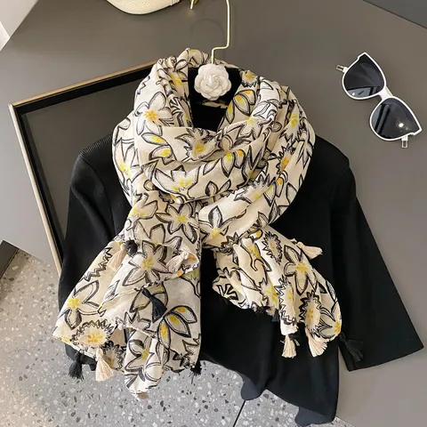 Elegante Dames Sjaal Bloemenprint Katoen Linnen Gevoel Lange Omslagdoek Met Kwastjes Stijlvolle Bloemensjaal Voor Reizen Vakantie