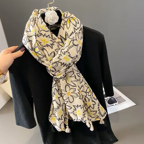 Elegante Dames Sjaal Bloemenprint Katoen Linnen Gevoel Lange Omslagdoek Met Kwastjes Stijlvolle Bloemensjaal Voor Reizen Vakantie