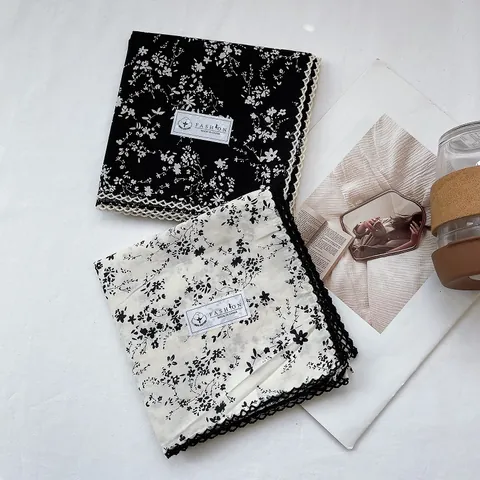 Women Floral Print Cotton Square Scarf With Lace Trim Retro Pastoral Style Neck Scarf Bandana Headband Hair Accessory