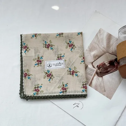 Vintage Floral Cotton Square Scarf For Women With Crochet Lace Trim Sweet Botanical Print Neck Scarf Fashion Hair Band Scarf