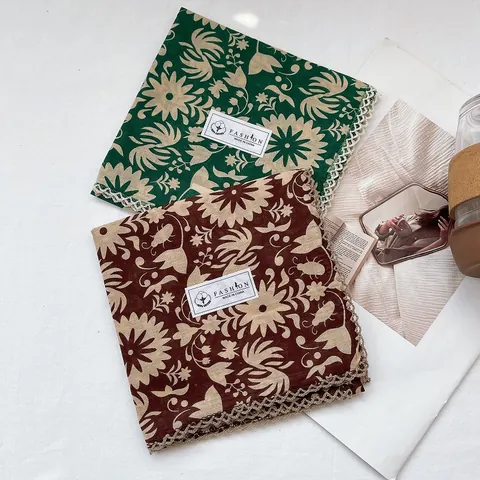 Pastoral Floral Cotton Square Scarf Vintage Sweet Crochet Lace Edge Bandana Retro Flower Rabbit Print Handkerchief For Women