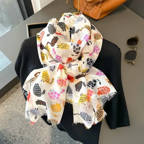 Cartoon Katze Druck Schal Damen Leicht Polyester Baumwollmischung Langer Wickelschal Fransenkante Süßes Tiermuster Geschenk