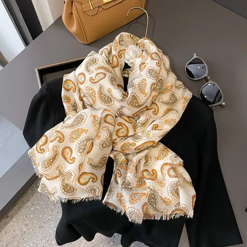 Women Elegant Paisley Scarf Shawl Gold Foil Bronzing Frayed Edges Lightweight Soft Pashmina Wrap For Daily Travel Fashion Accessories