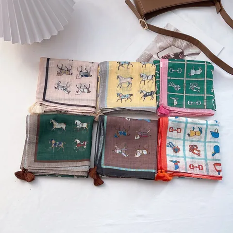 Vintage Equestrian Horse Print Square Scarf For Women Satin Feel Neck Scarf With Tassels Fashion Headwrap Handkerchief