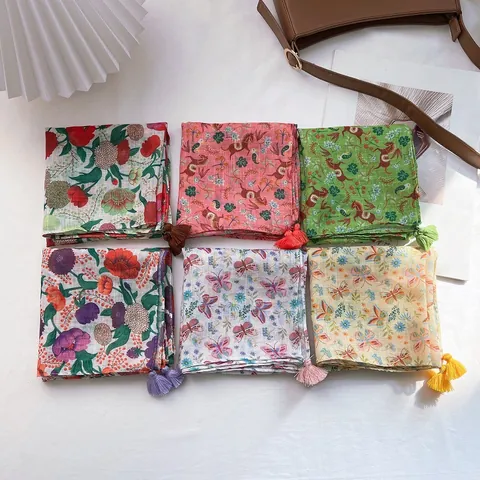 Baumwolle Blumenmuster Viereckiges Tuch Für Damen Mit Quasten Vintage Pastoral Schmetterling Pferd Muster Strand Kopftuch Schal