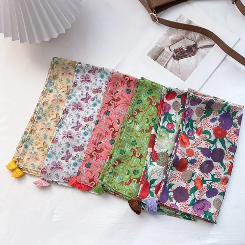 Baumwolle Blumenmuster Viereckiges Tuch Für Damen Mit Quasten Vintage Pastoral Schmetterling Pferd Muster Strand Kopftuch Schal