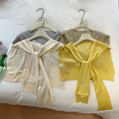 Women Minimalist Knitted Shawl Solid Color Acrylic Blend Tie Front Shoulder Wrap For Shirt Dress Decoration Lightweight Cape