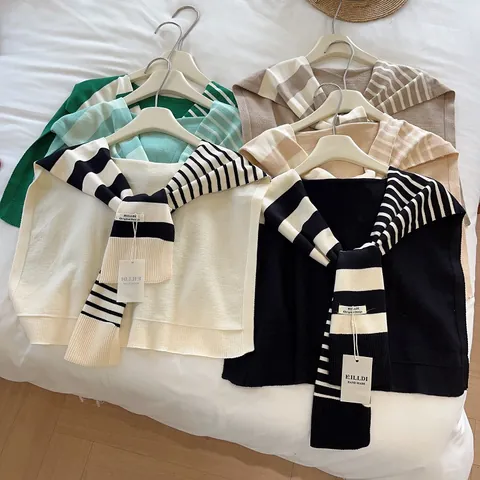 Women Korean Style Striped Knitted Shawl Versatile Decorative Tied Fake Collar Shoulder Wrap For Spring Autumn Casual