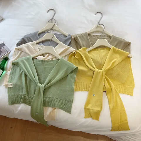 Women Minimalist Knitted Shawl Solid Color Acrylic Blend Tie Front Shoulder Wrap For Shirt Dress Decoration Lightweight Cape