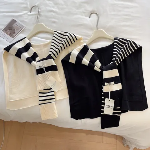 Women Korean Style Striped Knitted Shawl Versatile Decorative Tied Fake Collar Shoulder Wrap For Spring Autumn Casual