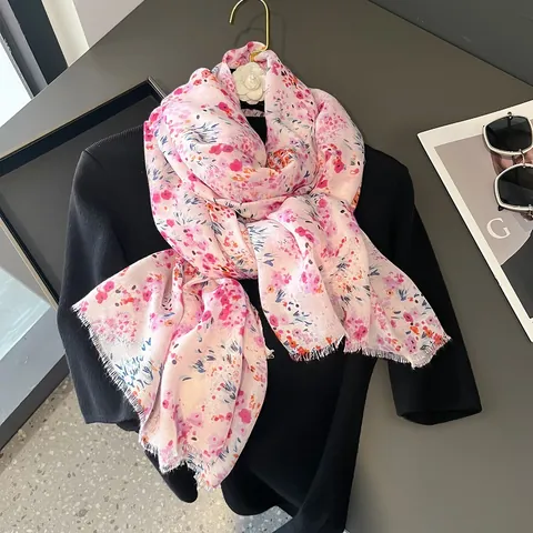 Women Romantic Cherry Blossom Floral Scarf Lightweight Sun Protection Shawl Beach Wrap With Frayed Edges For Spring Summer