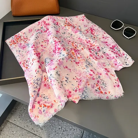 Women Romantic Cherry Blossom Floral Scarf Lightweight Sun Protection Shawl Beach Wrap With Frayed Edges For Spring Summer