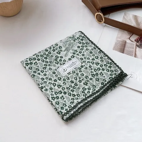 Vintage Floral Cotton Square Scarf With Crochet Lace Edge For Women French Style Birds Print Head Scarf Retro Neck Scarf