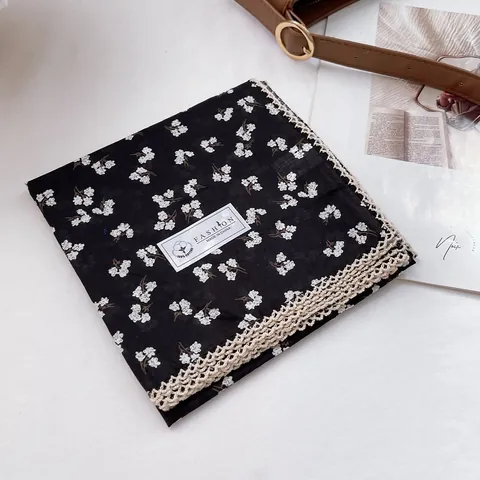 Vintage Floral Cotton Square Scarf For Women With Crochet Lace Trim Retro Pastoral Style Neck Scarf Bandana Headwrap