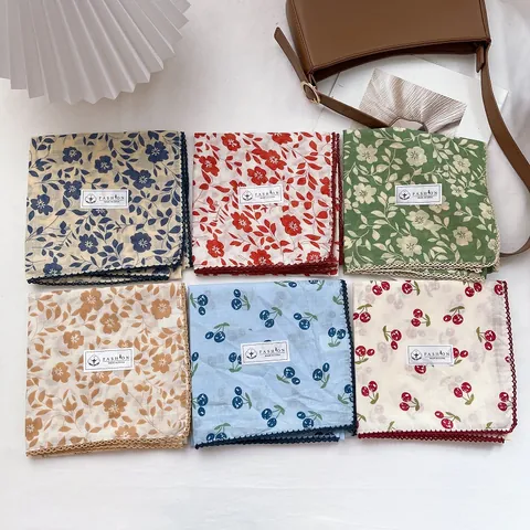 Women 100% Cotton Square Scarf With Crochet Lace Edge Floral Cherry Polka Dot Printed Vintage Neckerchief Handkerchief Headband