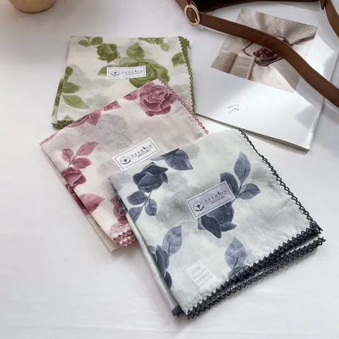Pañuelo Cuadrado de Algodón Vintage Estampado Gato Floral Borde de Encaje de Ganchillo Elegante Mujer Decoración