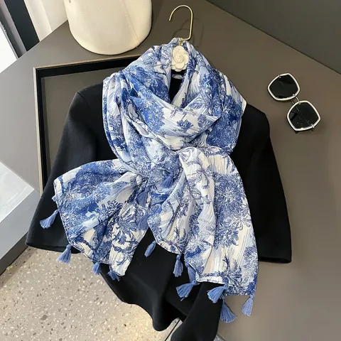 Damen Retro Blau Weiß Landschaft Bedruckter Schal Leichter Polyester Schultertuch Mit Quasten Chinesischer Stil Sonnenschutz Wickelschal