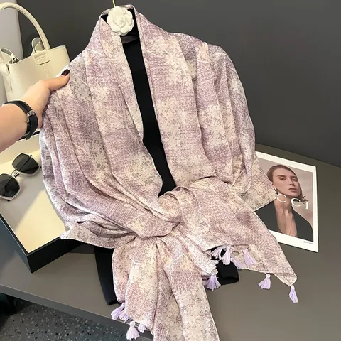Bufanda Elegante de Color Púrpura Lavanda para Mujer con Patrón Geométrico Bronceado Chal de Satén Envoltura de Sombrilla Ligera con Borlas Accesorios de Moda