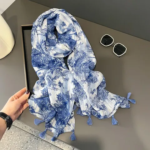 Damen Retro Blau Weiß Landschaft Bedruckter Schal Leichter Polyester Schultertuch Mit Quasten Chinesischer Stil Sonnenschutz Wickelschal
