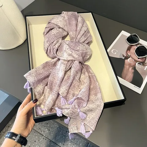 Bufanda Elegante de Color Púrpura Lavanda para Mujer con Patrón Geométrico Bronceado Chal de Satén Envoltura de Sombrilla Ligera con Borlas Accesorios de Moda