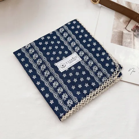 Japanese Style Floral Cotton Triangle Scarf For Women Vintage Headband Neck Scarf With Lace Trim Decorative Hair Band
