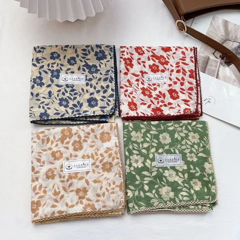 Women 100% Cotton Square Scarf With Crochet Lace Edge Floral Cherry Polka Dot Printed Vintage Neckerchief Handkerchief Headband