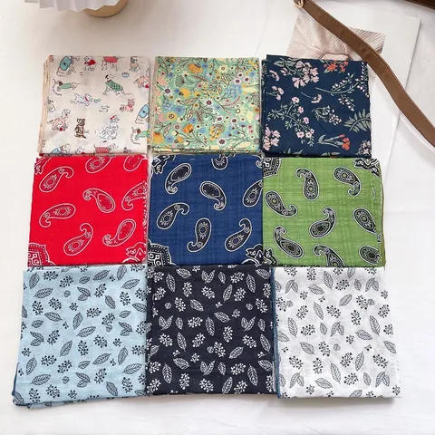 Pastoral Cotton Linen Floral Square Scarf Paisley Pattern Bandana Headwrap Neck Scarf Handkerchief For Women Girl Bag Accessory
