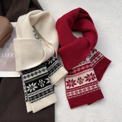 Fair Isle Wool Knitted Scarf Women Winter Warm Snowflake Geometric Pattern Scarf Soft Thick Neck Warmer Outdoor Shawl