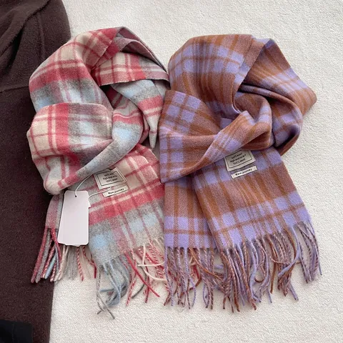 Women Fashion Plaid Wool Scarf Winter Warm Tassel Shawl Neck Warmer Classic Grid Pattern Long Scarf For Ladies Student Gift