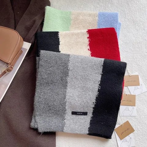 Korean Style Color Block Knitted Scarf For Women Men Winter Warm Thickened Wool Blend Soft Ribbed Neck Warmer Scarf