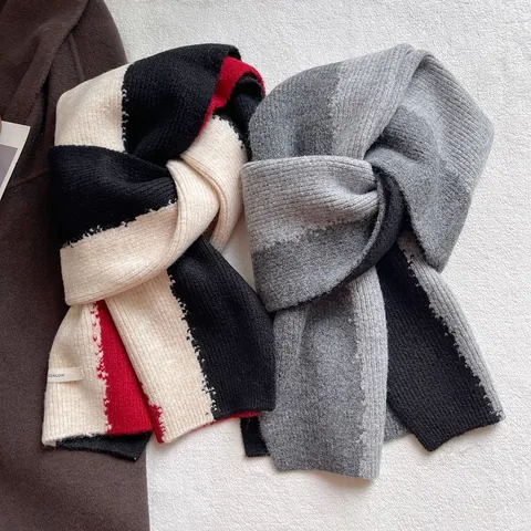 Korean Style Color Block Knitted Scarf For Women Men Winter Warm Thickened Wool Blend Soft Ribbed Neck Warmer Scarf