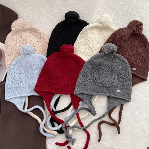 Hand-knitted Wool Ear Protection Hat For Women Pom Pom Winter Warm Hollow Knit Beanie With Ties Elegant Crochet Earflap Hat