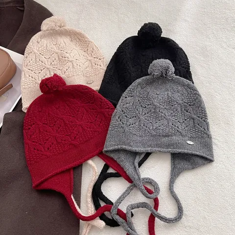 Hand-knitted Wool Ear Protection Hat For Women Pom Pom Winter Warm Hollow Knit Beanie With Ties Elegant Crochet Earflap Hat