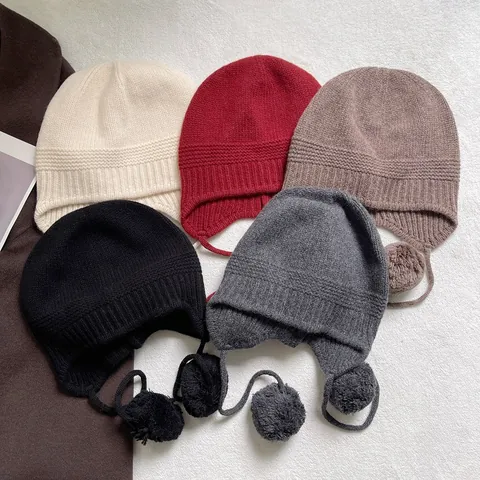 Gorro con Orejeras de Lana Tejida para Mujer Cálido Grueso Color Sólido Gorro de Invierno con Pompones Protección para los Oídos