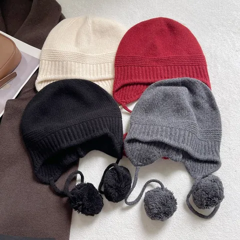 Gorro con Orejeras de Lana Tejida para Mujer Cálido Grueso Color Sólido Gorro de Invierno con Pompones Protección para los Oídos