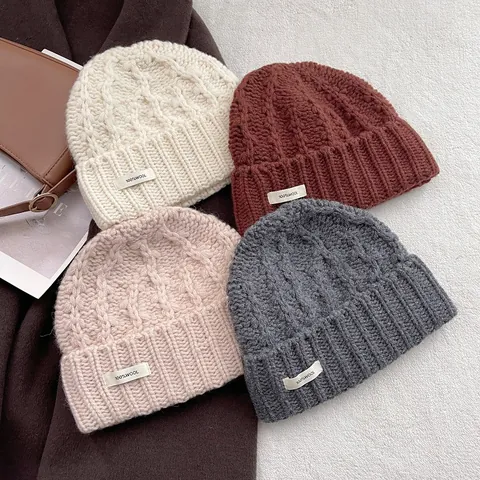 Damen Wolle Zopfmuster Beanie Gehörschutz Winter Warm Grobstrick Mütze Elegante Einfarbig Kaltes Wetter Outdoor Skull Cap
