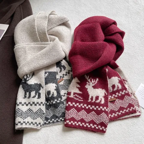 Vintage Weihnachten Rentier Strickschal Verdickt Warm Jacquard Strickgarn Schal Für Damen Herren Neujahr Festliches Geschenk