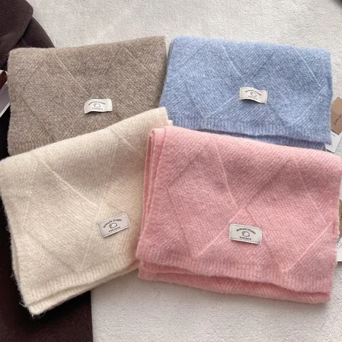 Women Wool Blend Knitted Scarf Warm Soft Lattice Pattern Neck Warmer For Winter Autumn Casual Versatile Solid Color Scarf